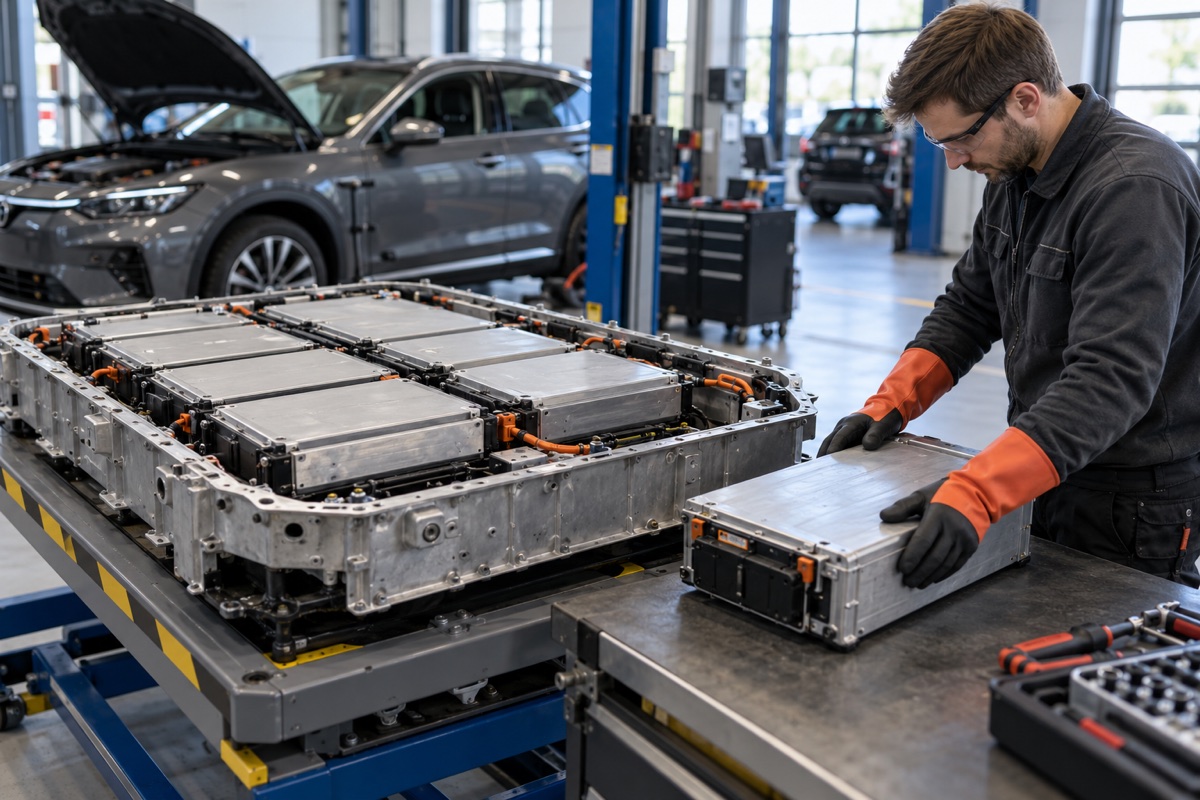 Fotorealistische Illustration: Ein Techniker prüft ein ausgebautes Batteriemodul neben einem geöffneten Fahrzeugakku.