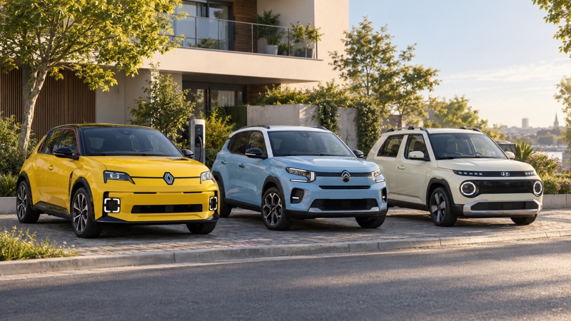 KI-Illustration von Renault 5, Citroën ë-C3 und Hyundai Inster