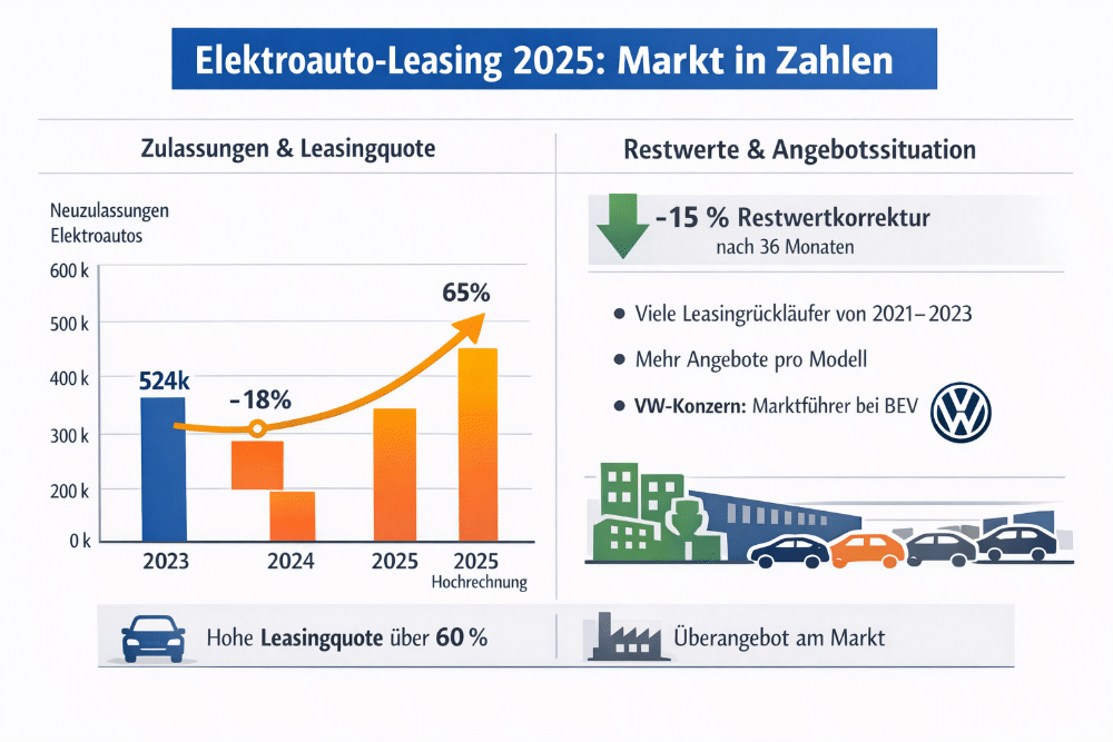 Zulassungen und Leasingquote, Restwerte und Angebotssituation am E-Auto Markt