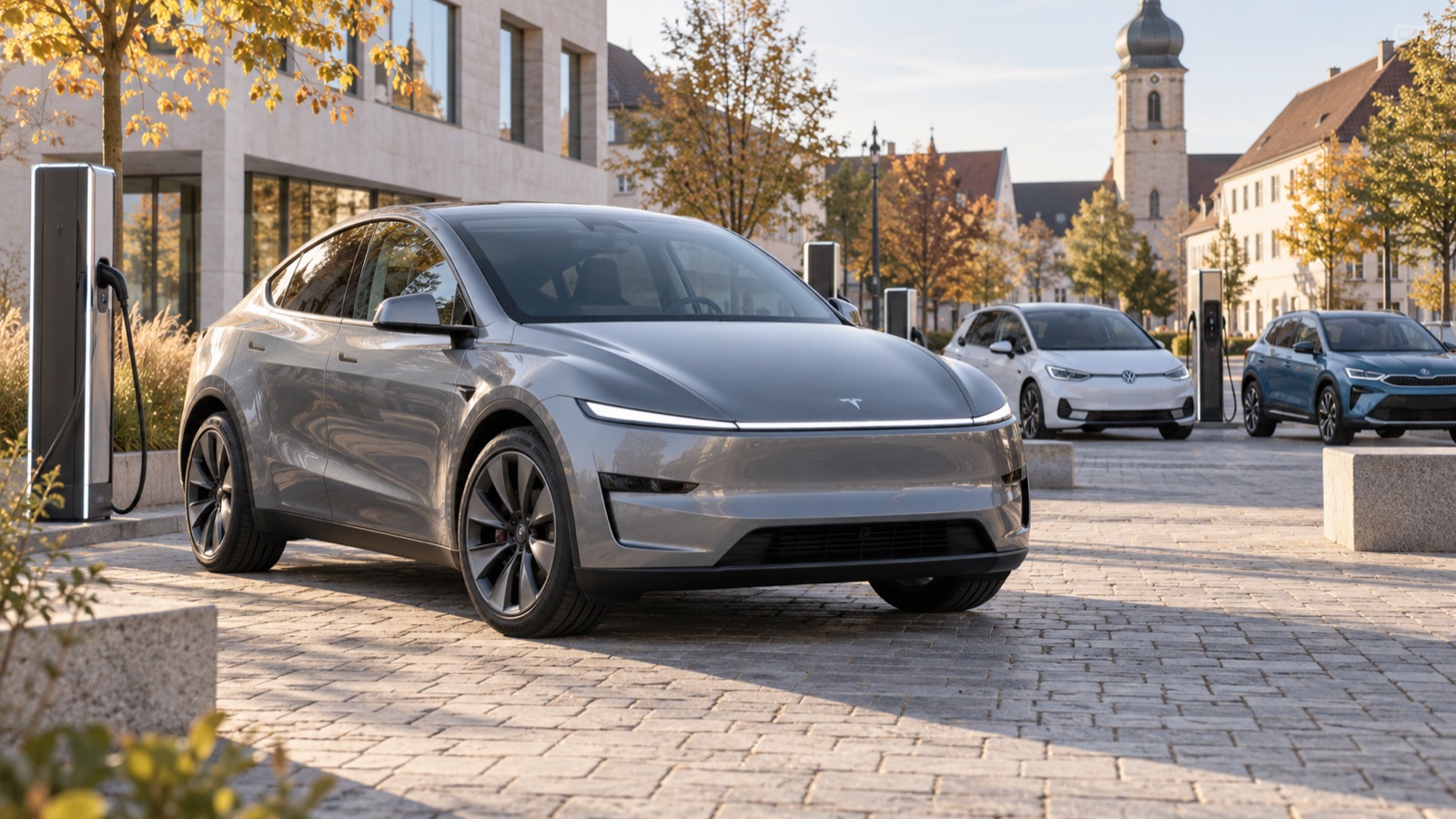 Modellillustration eines Tesla Model Y mit VW ID.3 und Škoda Elroq an einer Ladesäule