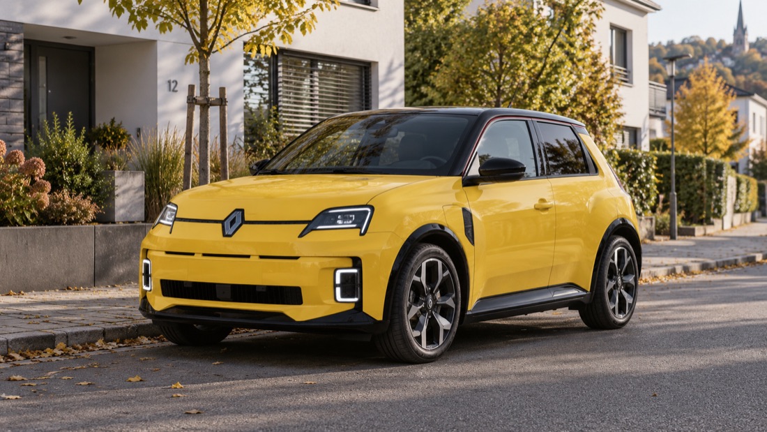 Modellillustration eines gelben Renault 5 E-Tech auf einer Wohnstraße