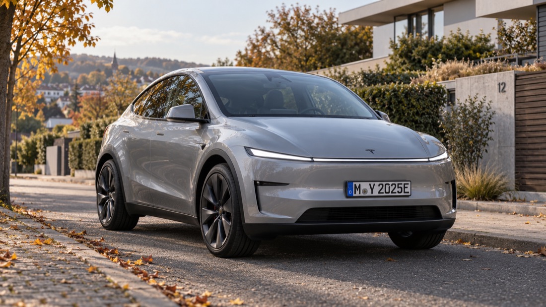 Modellillustration eines silbergrauen Tesla Model Y Juniper im Herbst
