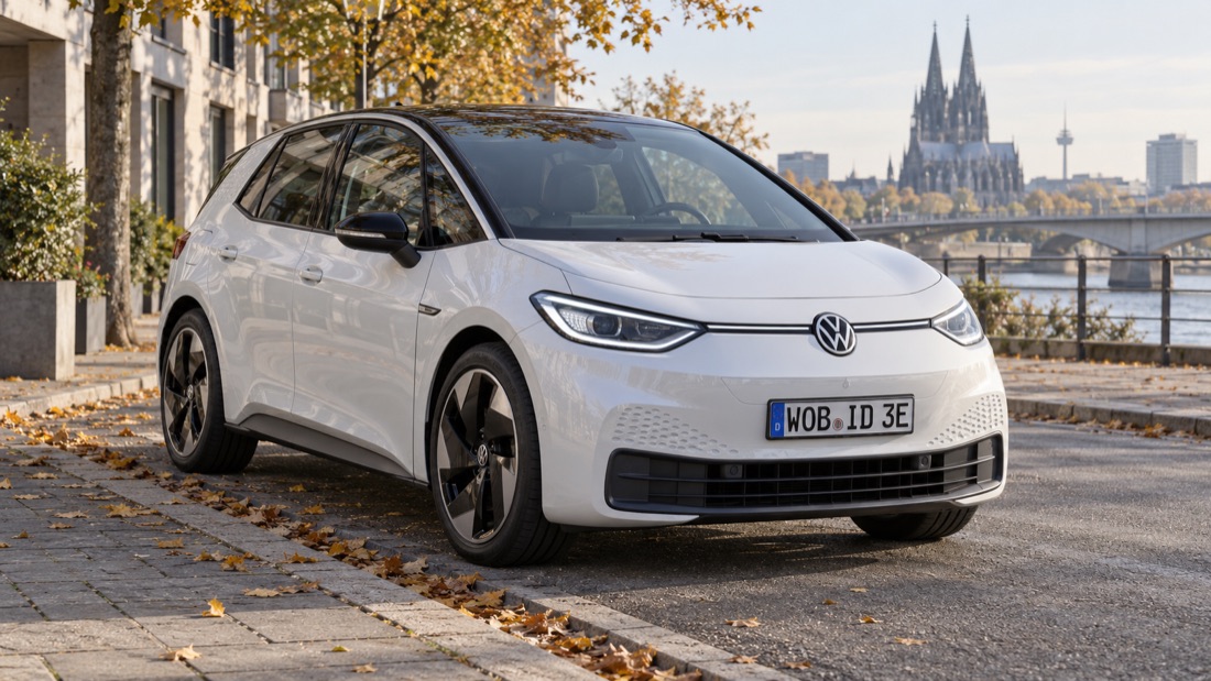 Modellillustration eines weißen VW ID.3 am Straßenrand